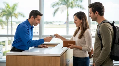 Customer handing a credit card to an agent at a car hire desk in Florida