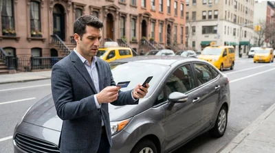 Person handing a credit card to an agent at a car rental desk in New York