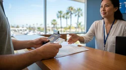 Person holding a passport and driver's licence at a car hire desk in California