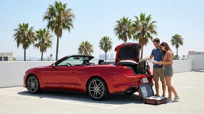 Person loading luggage into a car rental trunk under bright palm trees in Los Angeles