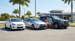 White car hire driving along a sunny coastal highway lined with palm trees in Florida