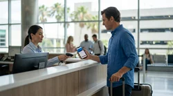 Customer tapping a smartphone on a payment terminal at an Orlando car hire desk