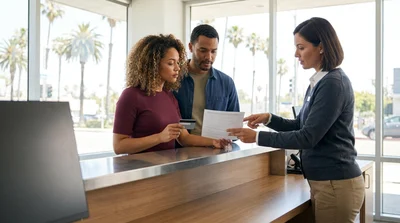 Customer pointing at paperwork on a Los Angeles car rental counter while speaking to an agent