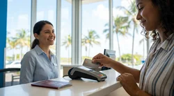 Customer handing a credit card to an agent at a car rental desk in Miami