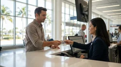 Close-up of a customer presenting a credit card at a car hire desk in Miami