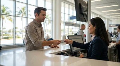 Close-up of a customer presenting a credit card at a car hire desk in Miami
