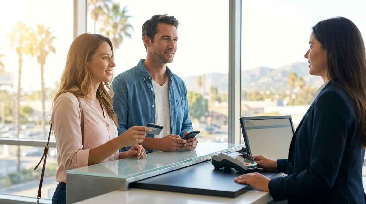 Close-up of a customer handing a credit card to an agent at a Los Angeles car hire counter