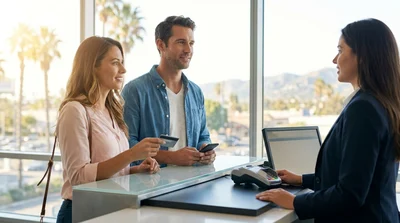 Close-up of a customer handing a credit card to an agent at a Los Angeles car hire counter