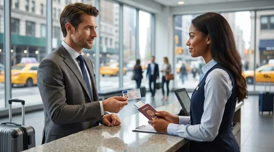 Traveler showing an ID card to an agent at a car rental desk in New York
