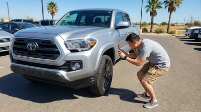 Person taking photos of a car rental vehicle with a smartphone in a Texas parking lot