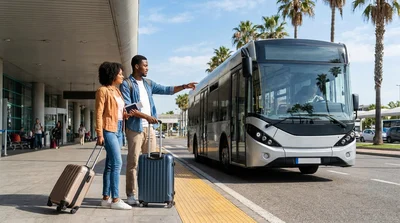 A car rental shuttle bus picking up passengers with luggage outside LAX Terminal 8 in Los Angeles