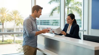 Person handing a driver's license to an agent at a car rental desk in Florida