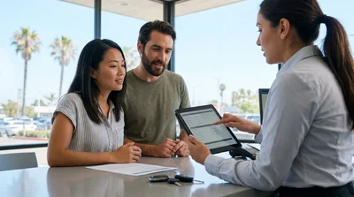 Agent handing keys to a customer across a car rental desk in California