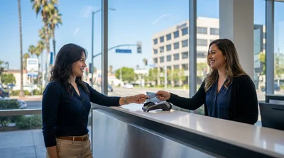 A person handing a credit card to a staff member at a car hire counter in Los Angeles