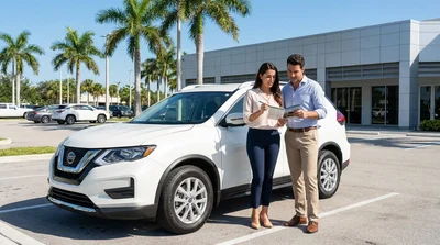 A person driving a white car rental along a scenic coastal highway in Florida