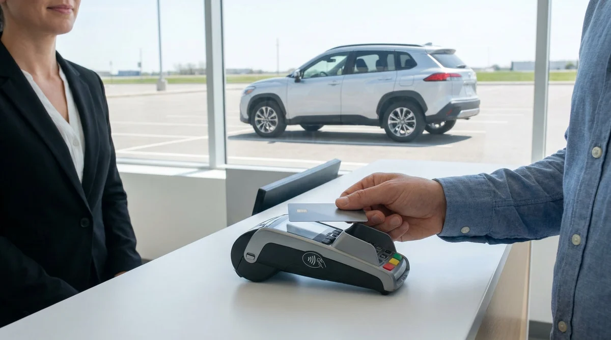 Customer tapping a credit card on a terminal at a car hire desk in Pennsylvania