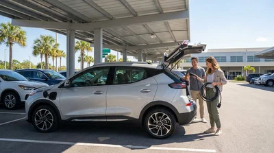 White electric car rental plugged into a charging station cable next to palm trees in Florida
