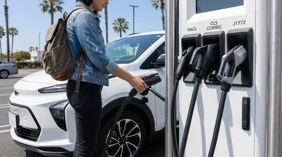 Close-up of a charging cable plugged into an electric car rental at a sunny charging station in California