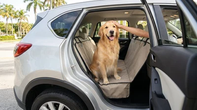 Cute dog looking out the passenger window of a car rental parked under palm trees in Florida