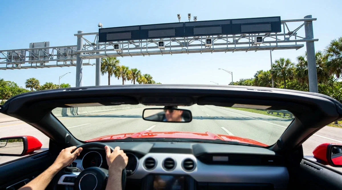 White car rental driving under an electronic toll gantry on a sunny Florida highway