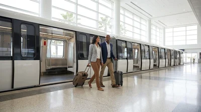 Traveler with luggage on a step-free walkway heading toward the car rental center at Orlando Airport