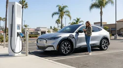 White electric car rental plugged into a charging station next to palm trees in California