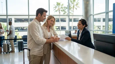 Customer receiving keys from an agent at a car rental counter in Orlando