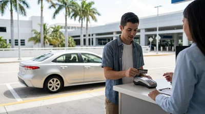 Traveler handing a credit card to an agent across a counter at a Miami car rental desk