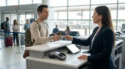 Person handing a credit card to an agent at a car hire counter in the United Estates