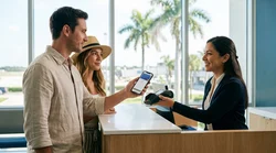 Person holding a smartphone displaying a digital wallet next to a white SUV at a Florida car hire lot