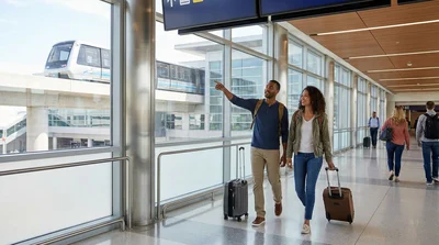 Passengers with luggage walking inside Terminal C at Orlando Airport toward the car hire facilities