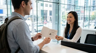 Person holding an International Driving Permit at a car rental desk in New York