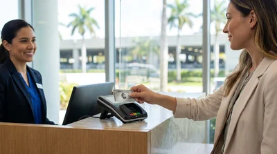 Customer handing an American Express card to an agent at a car hire desk in Miami