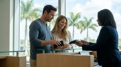 A customer handing a credit card to an agent at a car rental desk in Florida