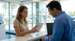 Close-up of hands holding a passport and driving license at a car rental desk in Los Angeles