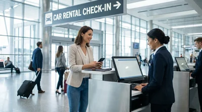 Traveler with luggage approaching the Hola car hire counter inside a bright New York airport terminal