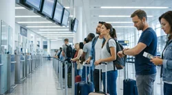 Travelers with luggage walking towards a car rental desk inside JFK Airport in New York
