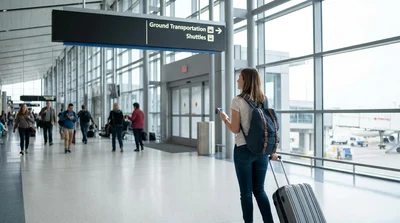 Travelers with luggage boarding a car hire shuttle bus outside an airport terminal in New York