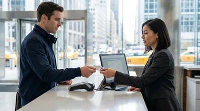 Customer handing a credit card to an agent at a car rental desk in New York
