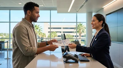 Customer handing documents to an agent at a car rental desk in Texas