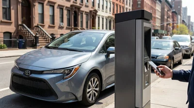 Modern car rental parked at a street parking meter on a sunny day in New York