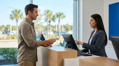 Close-up of a person holding a credit card and keys at a car hire counter in Orlando