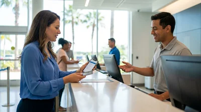 Woman receiving keys from an agent at a car rental desk in Orlando