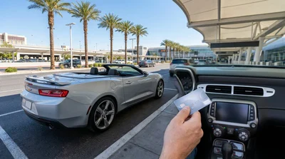 White sedan parked in a sunny Las Vegas airport lot for a car hire customer