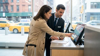 Customer and agent reviewing documents at a car rental counter in New York