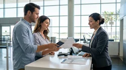 A traveler handing documents to a service agent at a car rental counter in a Texas airport