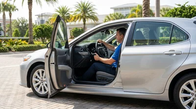 Close-up of hand controls attached to the steering wheel of a car rental in Orlando