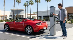 White electric car rental plugged into a street charging station in sunny California