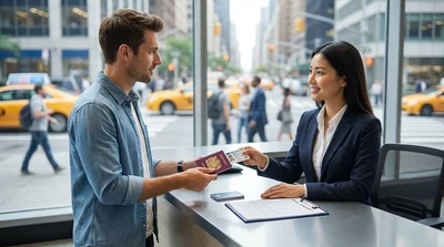 A traveller holding keys next to a car hire parked on a busy New York street