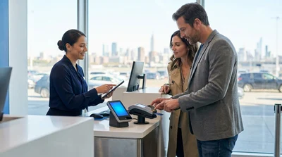 Customer inserting a credit card into a payment terminal at a New York car hire counter